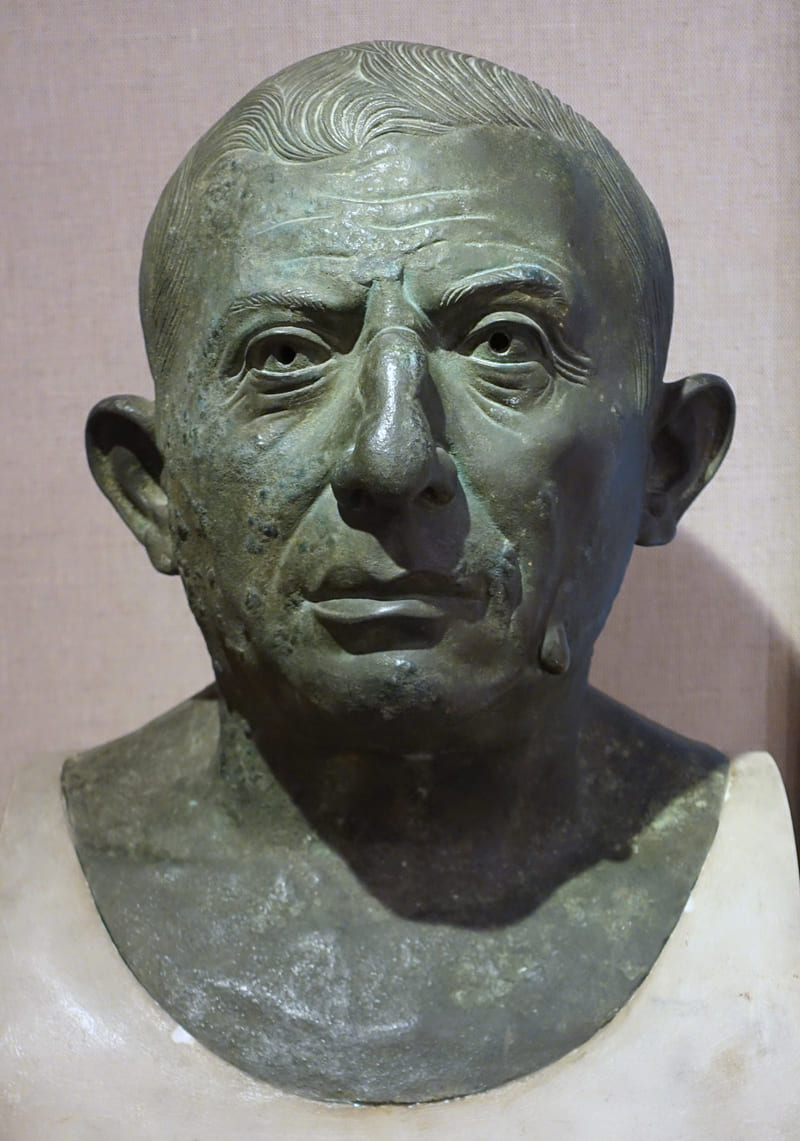 Buste antique représentant un homme d'âge mûr au visage marqué, dont les oreilles se détachent nettement du crâne.