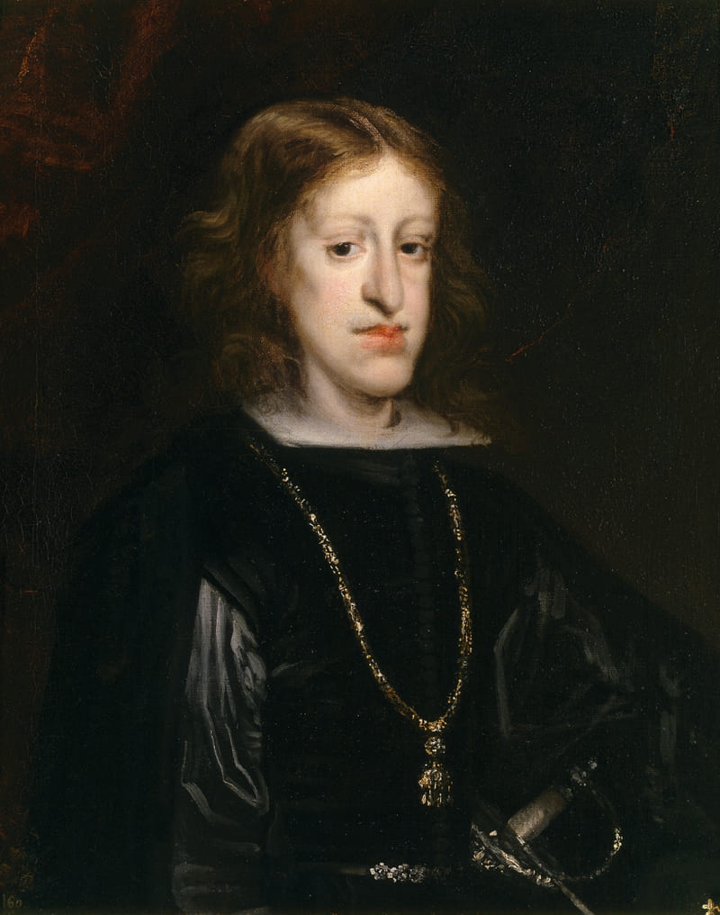 Portrait peint d'un jeune souverain vêtu de noir, dont la mâchoire inférieure et la lèvre du bas portent nettement en avant.