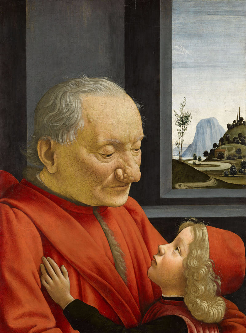 Portrait peint d'un homme âgé au nez épaissi et bosselé, tenant contre lui un jeune garçon qui lève les yeux vers lui.