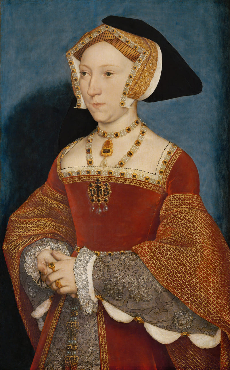 Portrait peint d'une femme en robe rouge et coiffe brodée, dont le menton est peu projeté et la ligne sous la mâchoire empâtée.