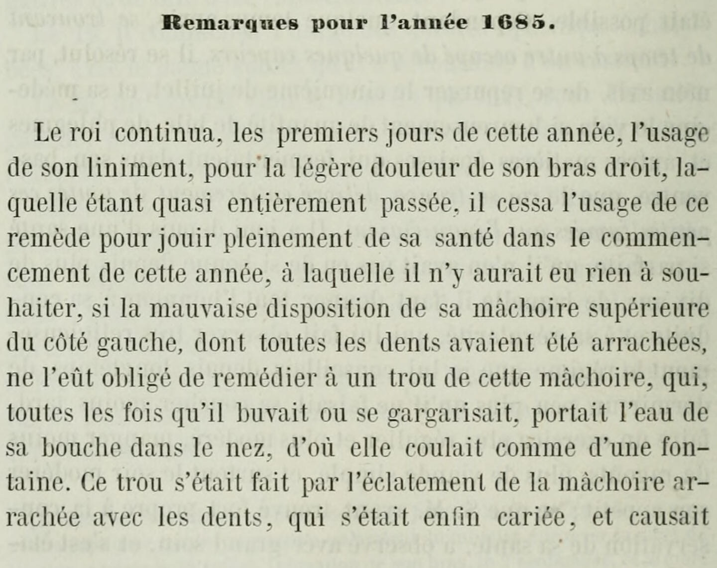 Fac-similé du registre : « … un trou de cette mâchoire, qui, toutes les fois qu'il buvait ou se gargarisait, portait l'eau de sa bouche dans le nez, d'où elle coulait comme d'une fontaine. »